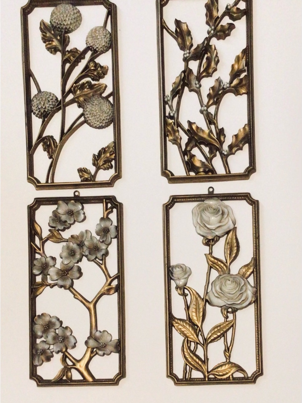 Vintage MCM Set of 4 Seasons Wall Plaques Gold & White Roses Mum Holly Dogwood